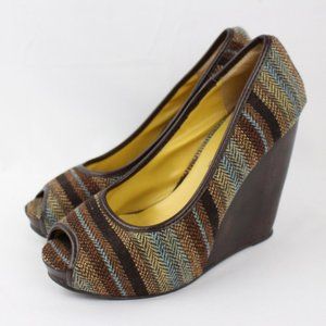 Nadara Herringbone Fabric Peep Toe Wedges